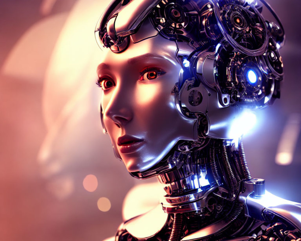 Detailed futuristic female android with intricate mechanical features and thoughtful expression.