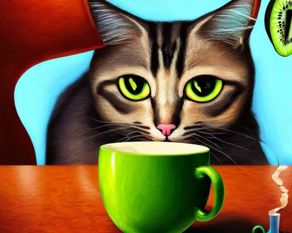 Green-eyed cat looking over cup on table with orange chair and kiwi slice in background.