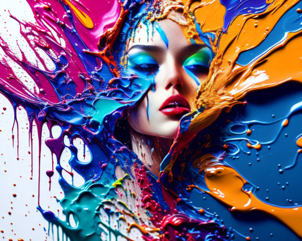 Colorful Woman Covered in Vibrant Paint Splashes