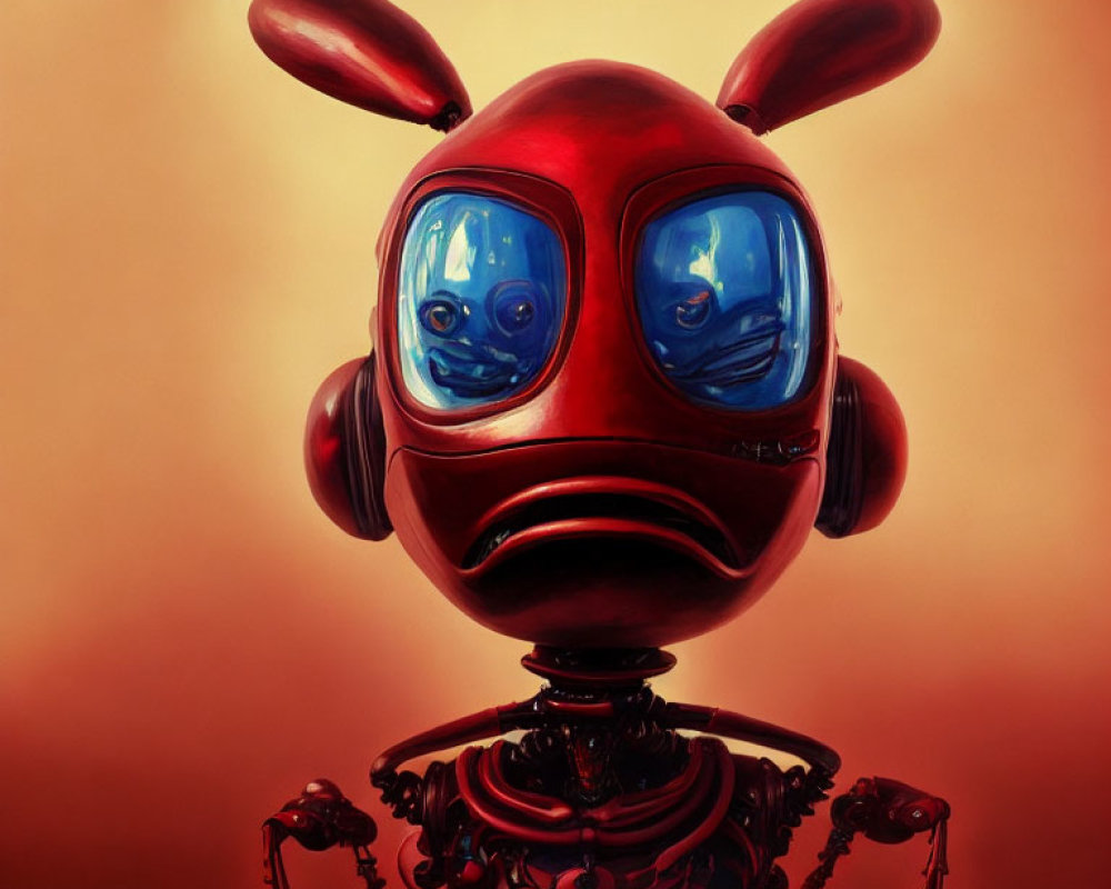 Red Robot with Expressive Eyes and Rabbit-like Ears on Warm Background