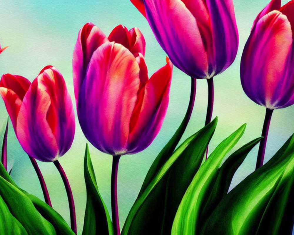 Colorful Pink and Purple Tulips on Teal Background with Green Leaves