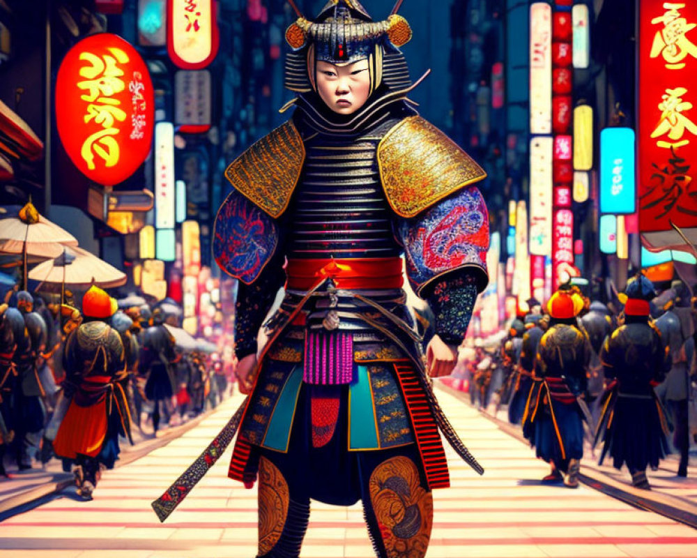 Traditional samurai in full armor on vibrant urban street.