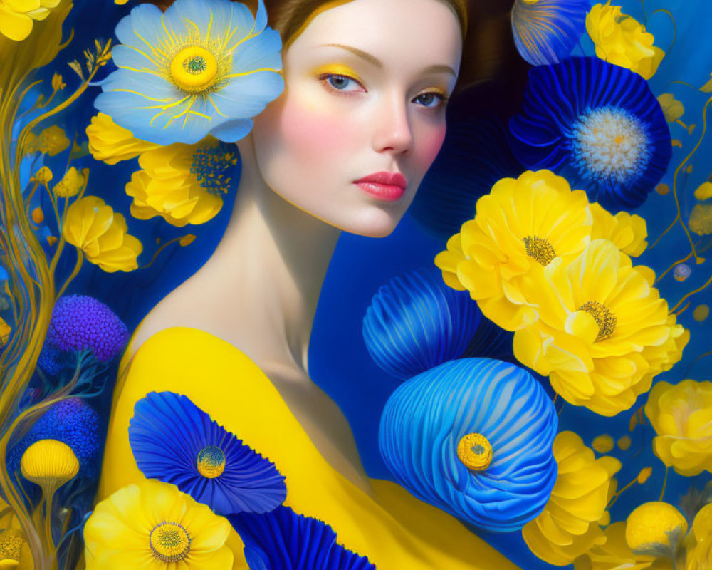 Digital artwork: Woman with blue and yellow flowers in yellow outfit on blue background