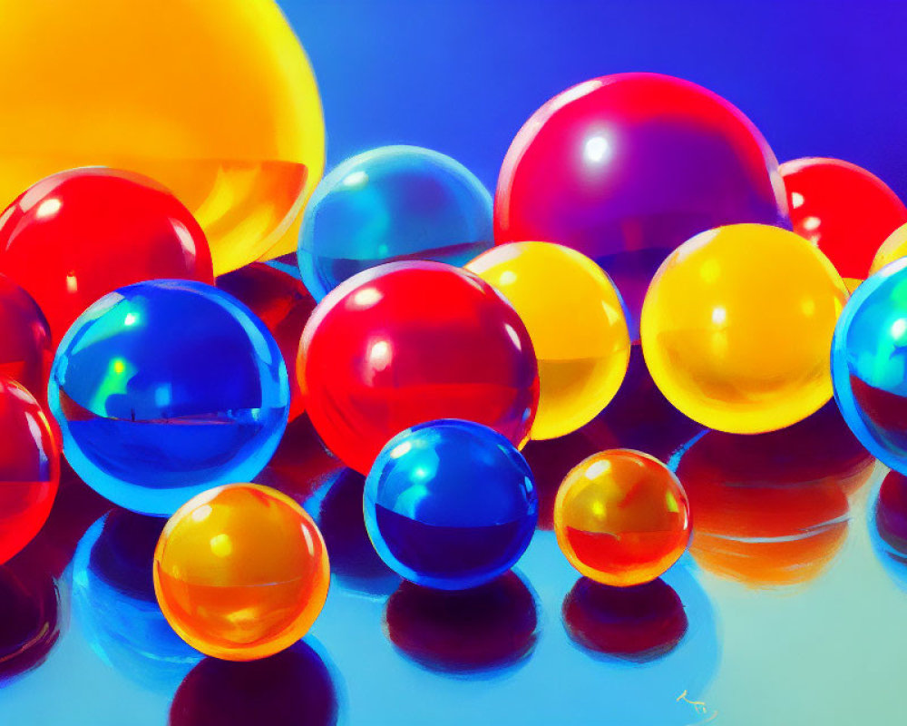 Multicolored Glossy Spheres on Blue Background with Yellow Sphere