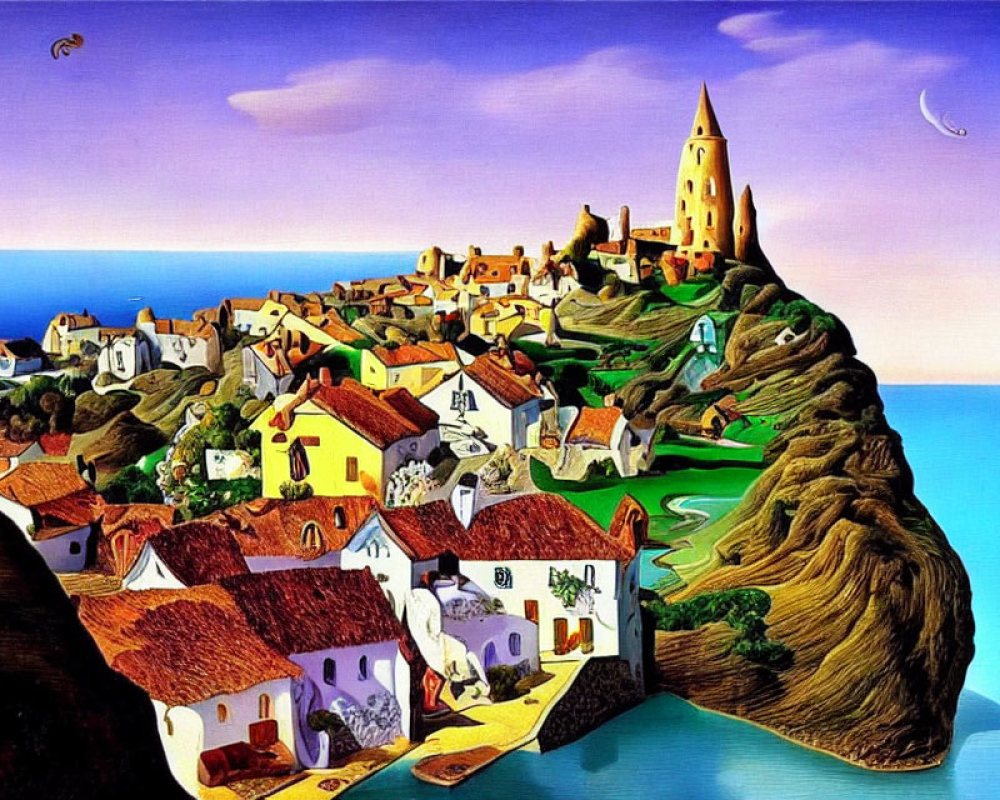 Whimsical painting of vibrant cliffside village overlooking calm sea