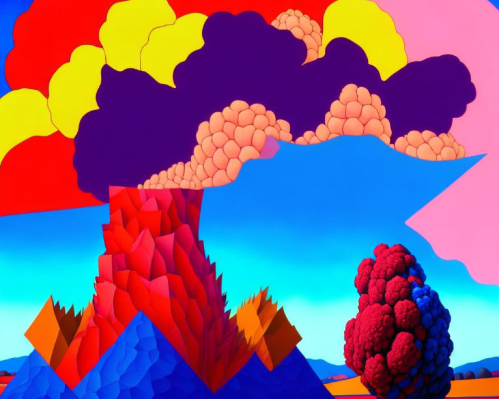 Colorful volcanic eruption illustration with abstract shapes against blue sky