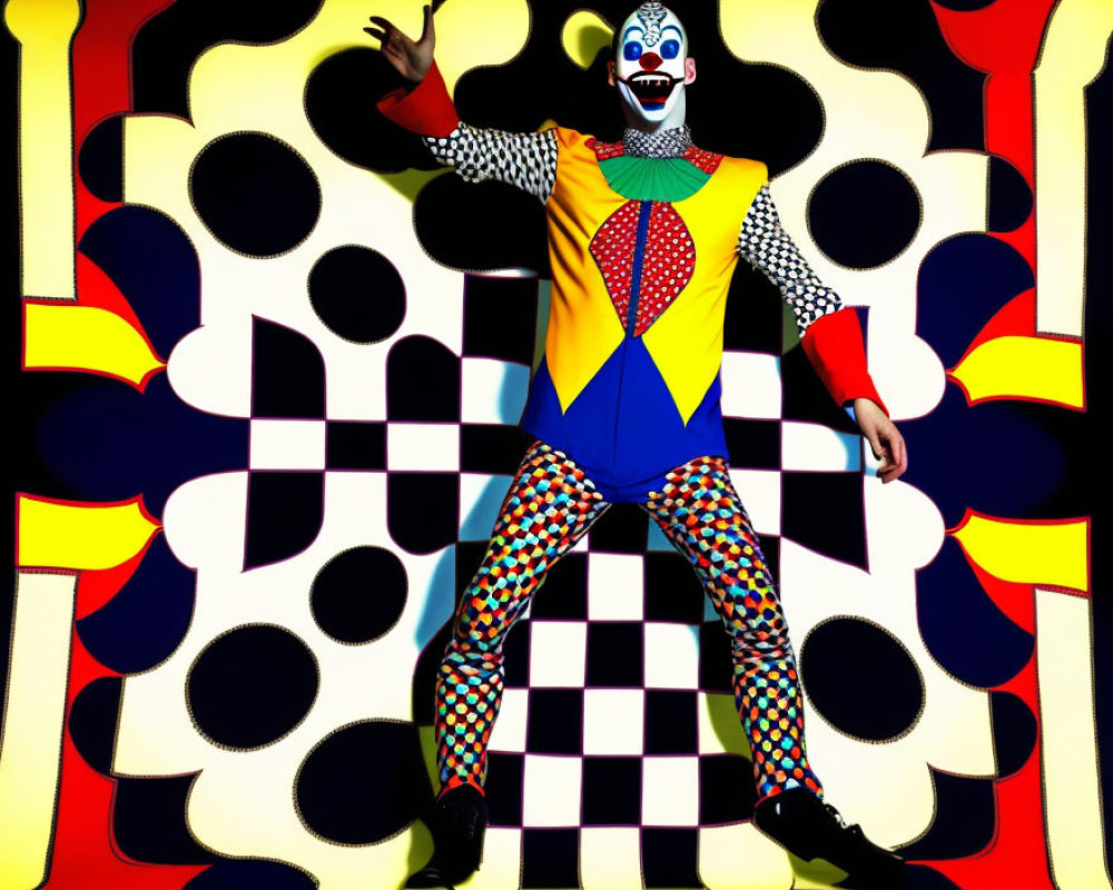 Colorful Clown Costume Poses Dramatically Against Psychedelic Background