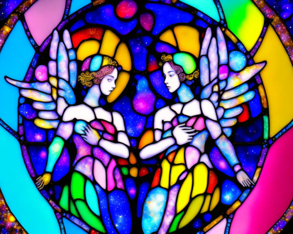 Vibrant stained glass art of two angels with outspread wings