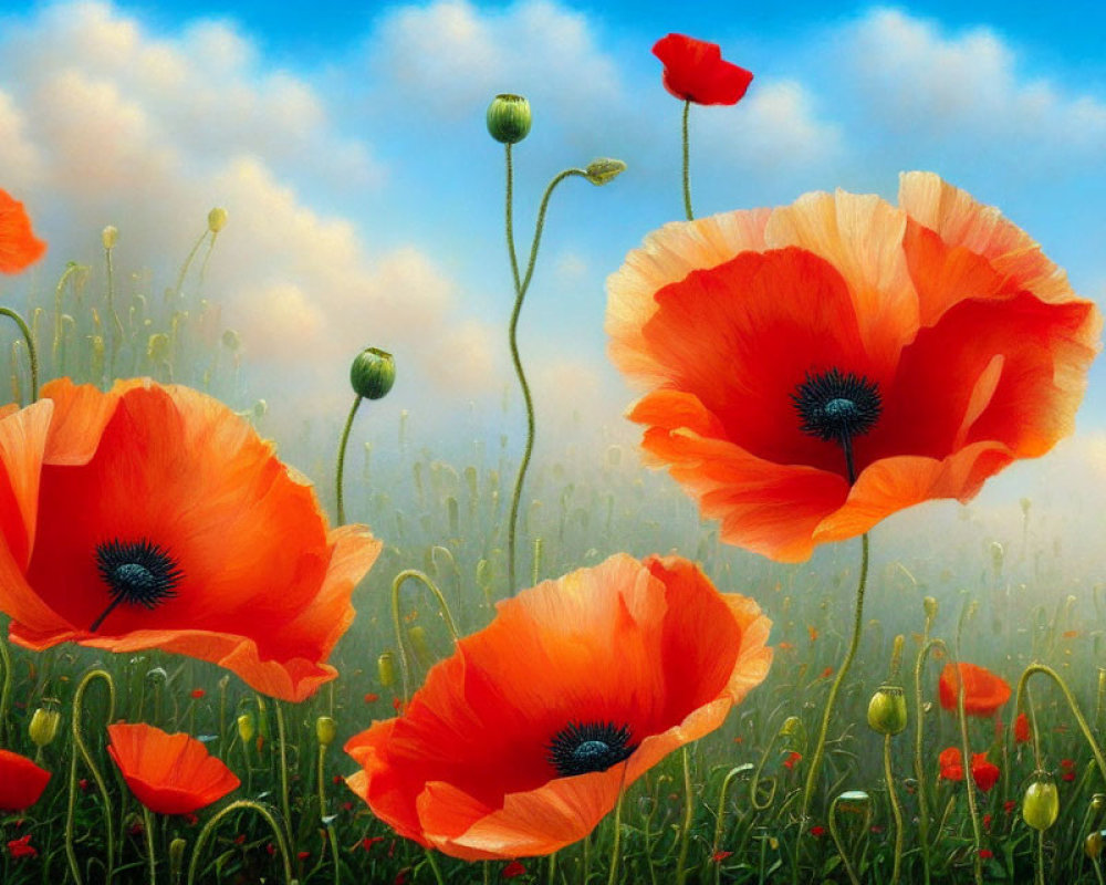 Beautiful Red Poppies Field Under Blue Sky with White Clouds