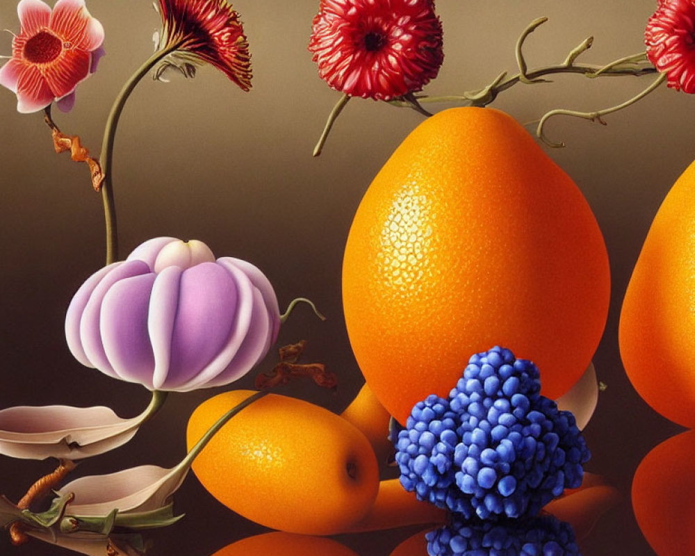 Colorful Surreal Still-Life with Flowers and Fruit on Reflective Surface