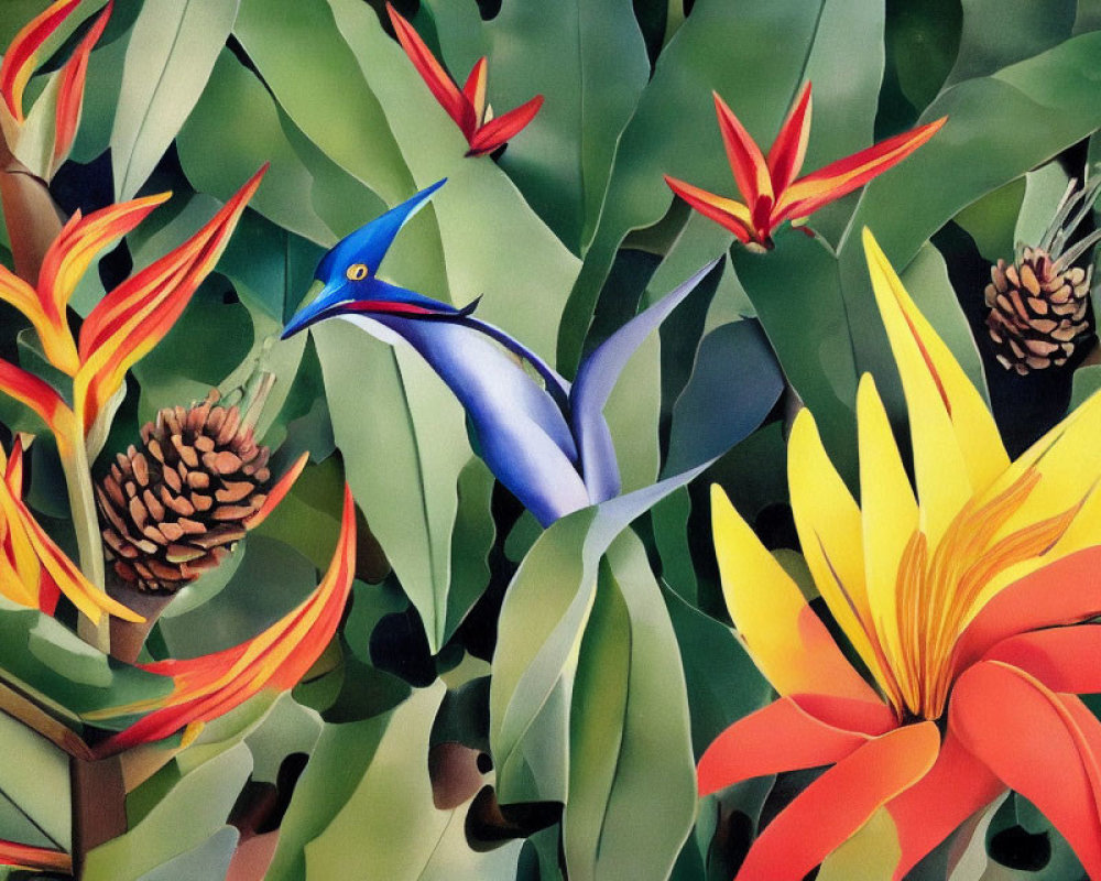 Colorful Bird Painting in Tropical Setting with Flowers and Pine Cones