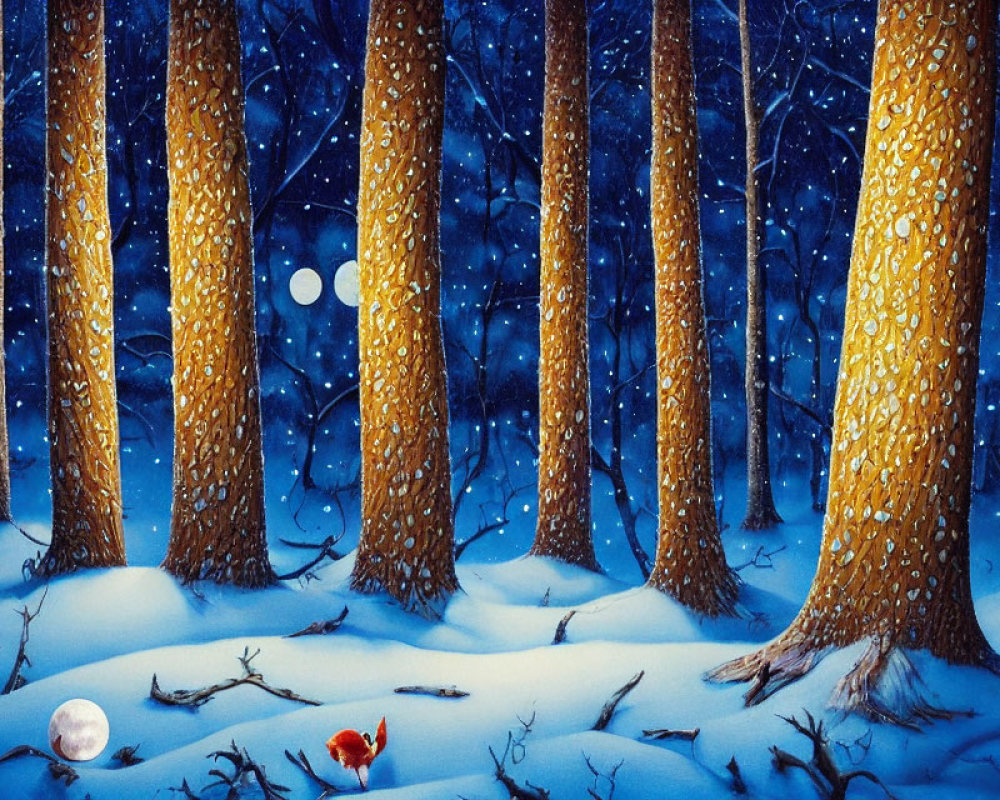 Snow-covered forest at night: Golden tree trunks, falling snowflakes, cardinals, glowing