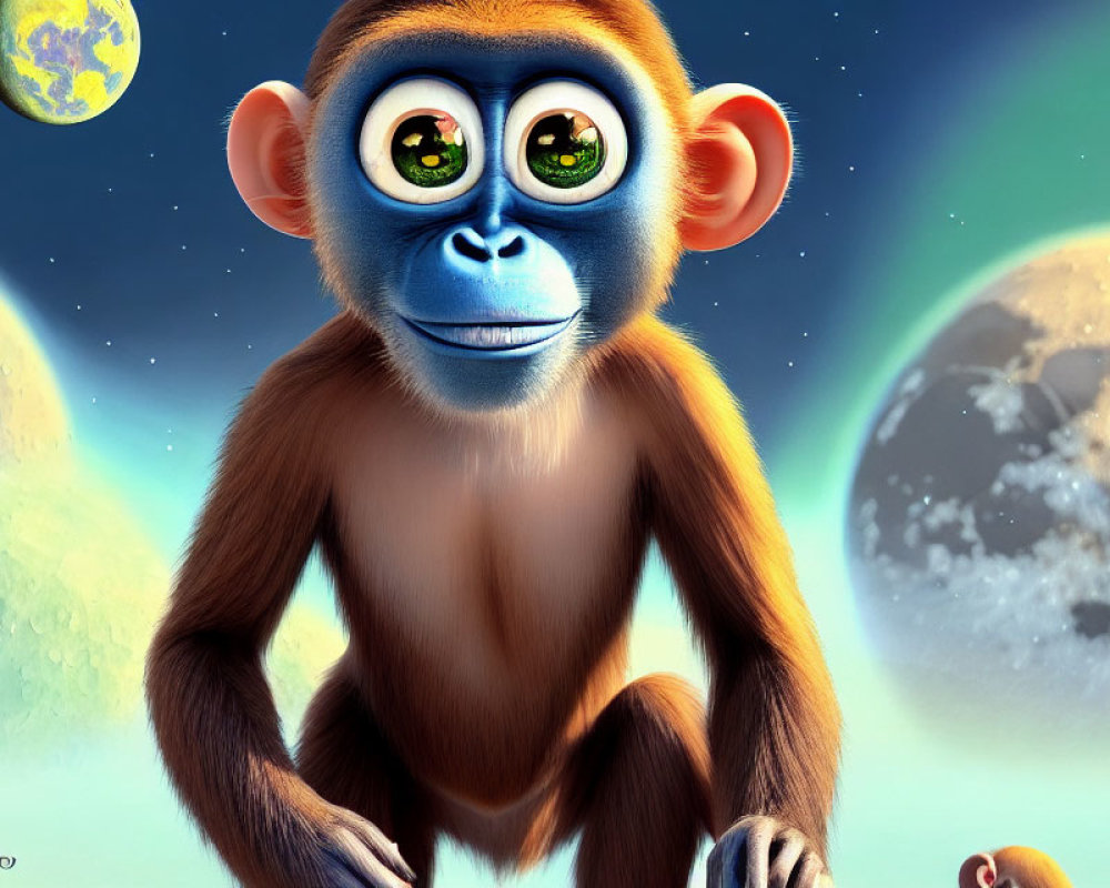 Stylized monkey illustration with green eyes in space with moons