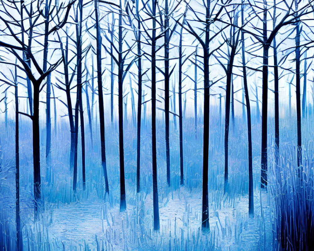 Blue and White Winter Forest Scene with Bare Trees