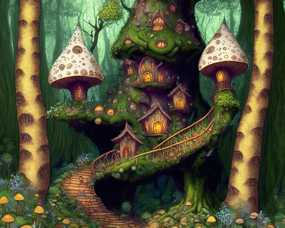 Enchanting forest with fairytale treehouse and whimsical mushrooms