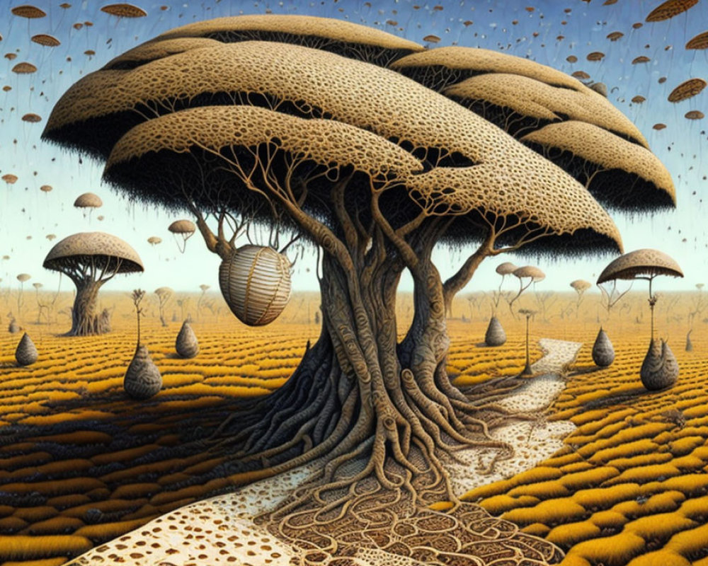 Surreal landscape featuring large tree with mushroom-like canopy