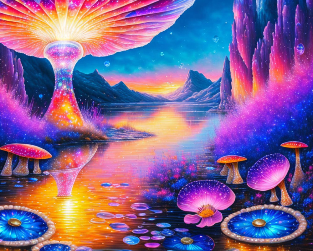 Psychedelic landscape with glowing mushrooms, mountains, lake, and cosmic anomaly