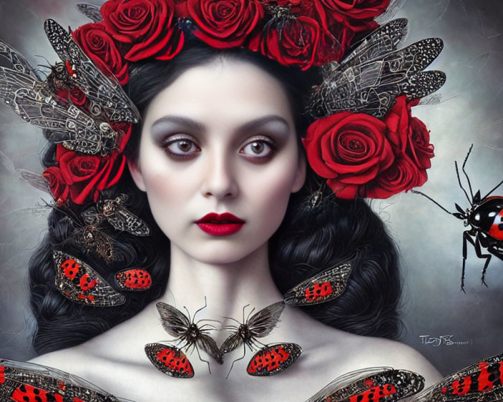 Woman portrait with red roses, butterflies, and ladybug-themed fantasy makeup