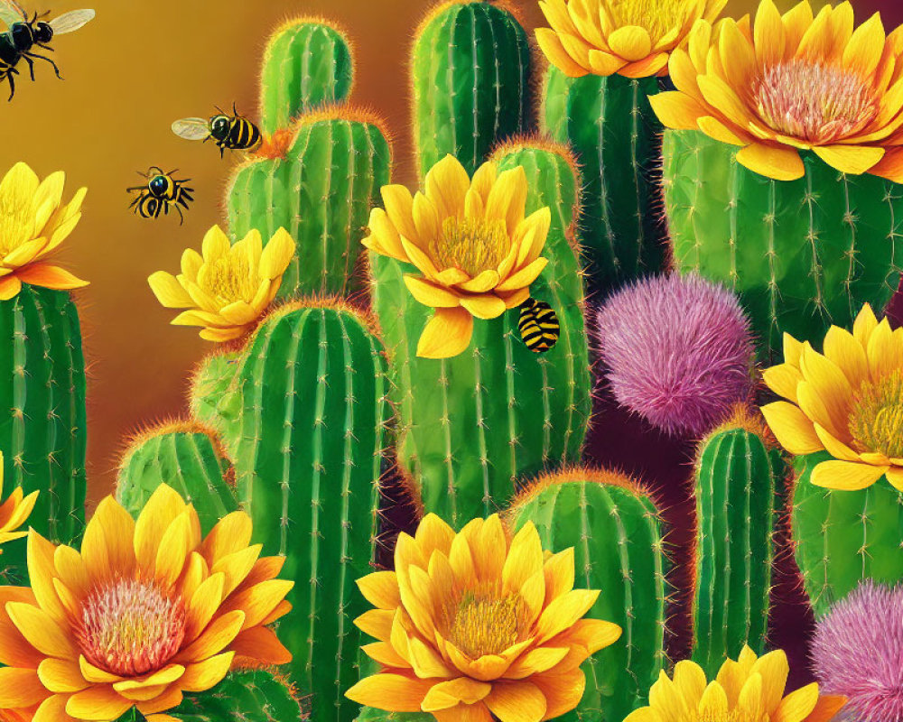 Colorful Cacti with Yellow Flowers and Bees on Warm Background