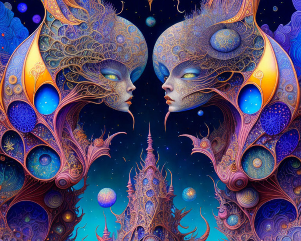 Colorful Psychedelic Illustration of Mirrored Faces with Cosmic Headdresses on Tower