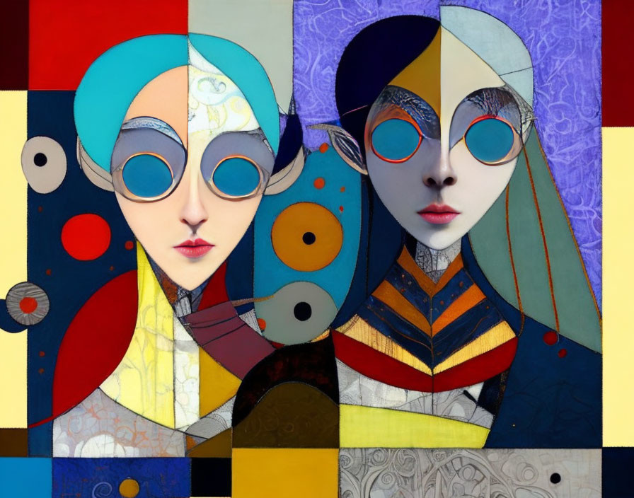 Vibrant abstract digital art: stylized figures with patterned features and oversized sunglasses in geometric background