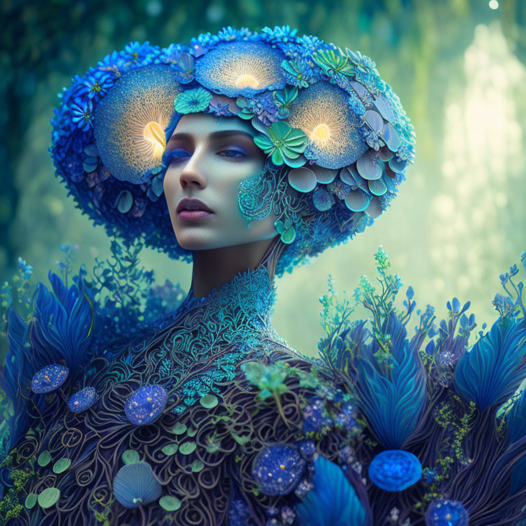 Woman in nature-themed headdress in mystical forest.