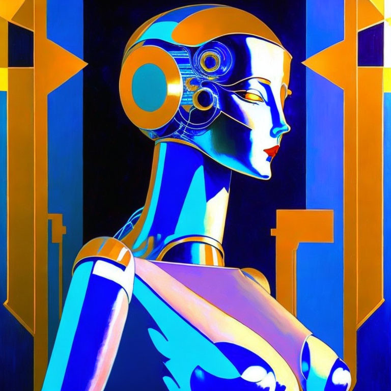 Futuristic female portrait with metallic skin tone and tech helmet on vibrant backdrop