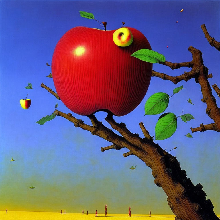 Surreal painting of red apple with eye, leafless branch, blue sky, tiny figures