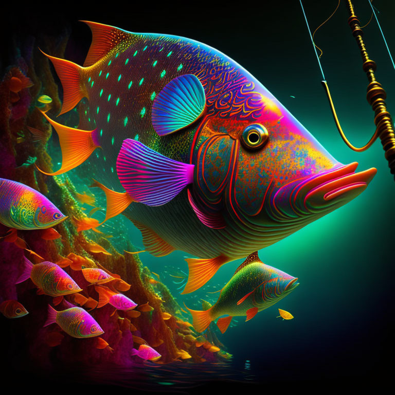 Colorful Fish Digital Artwork Swimming Near Coral Reef with Fishing Line