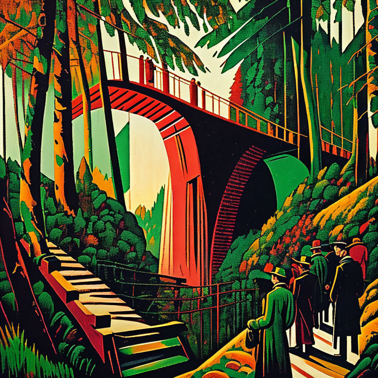 Colorful Vintage Illustration of People Walking in Forest Trail