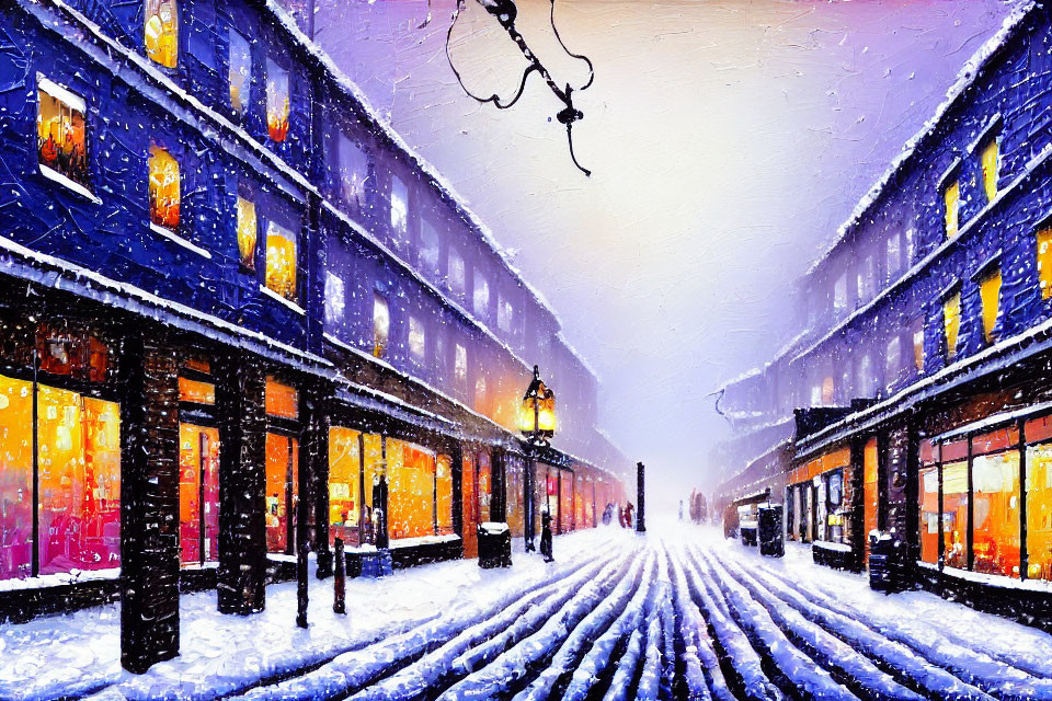 Snowy Evening City Street Painting with Shops and Street Lamps