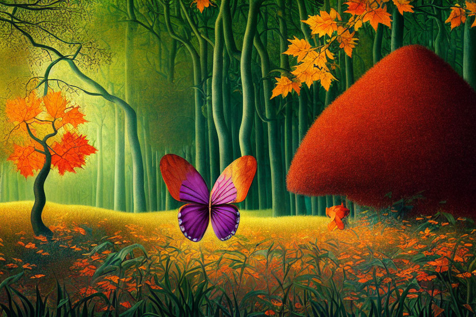 Colorful butterfly on flower in lush forest with mushroom and autumn leaves