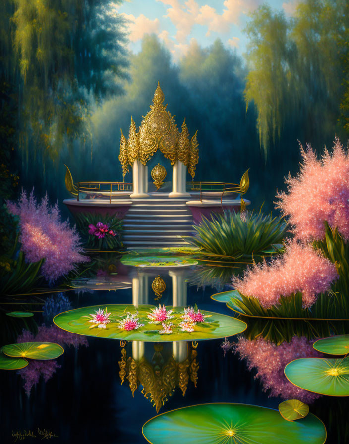 Tranquil temple in lush landscape with lotus flowers and reflective water