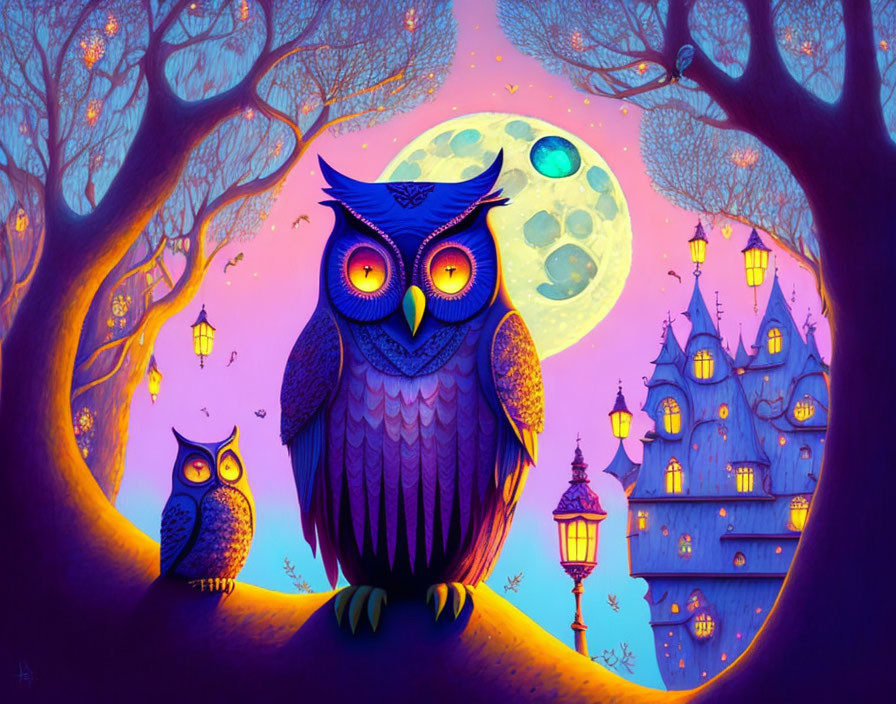 Stylized owls under moonlit sky with purple castle and glowing lanterns