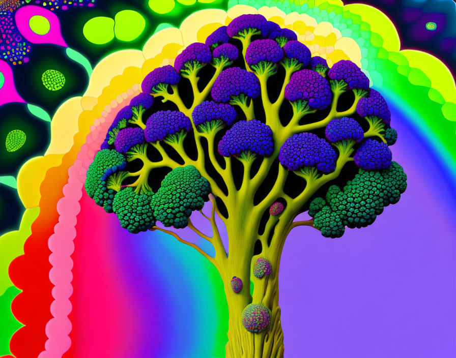 Colorful Digital Art: Broccoli Tree on Neon Rainbow Background