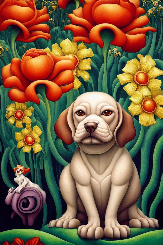 Whimsical painting featuring beige dog, red poppies, yellow flowers, and pink snail.