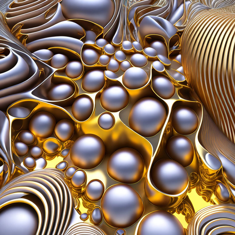 Metallic 3D Render with Gold and Silver Tones and Spherical Shapes