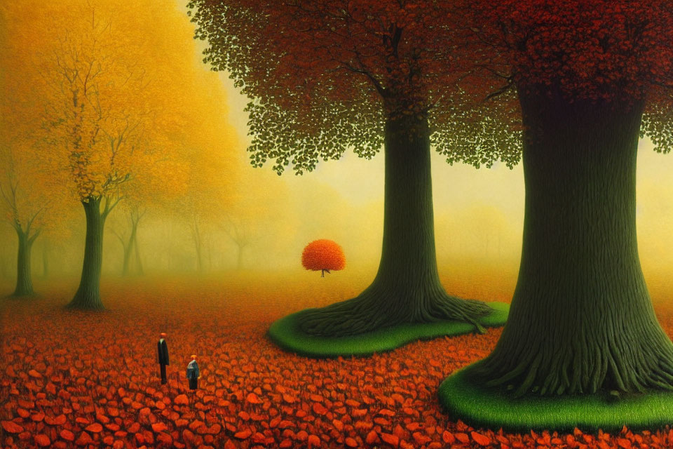 Surreal autumn scene with oversized trees and tiny figures