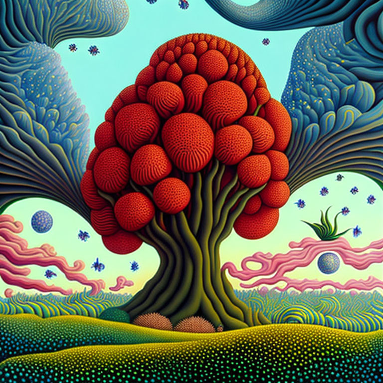 Surreal landscape with red bubble tree and floating orbs