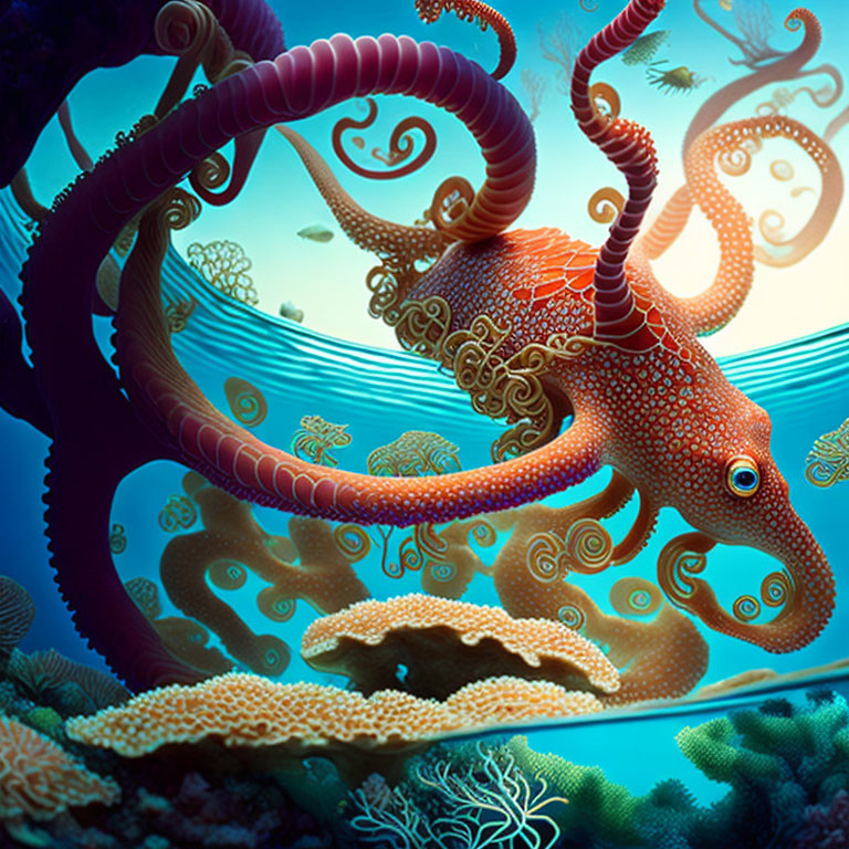 Vibrant red octopus with intricate patterns in blue underwater scene