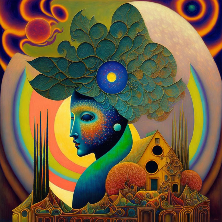 Surreal portrait with peacock feather headpiece and celestial landscape