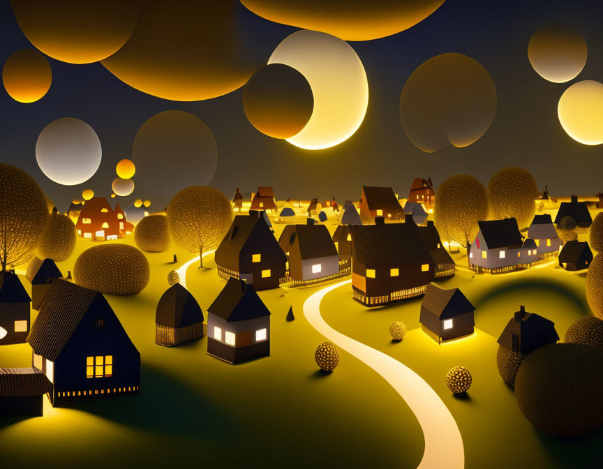 Night scene of whimsical village with glowing houses and spherical trees under golden orbs.