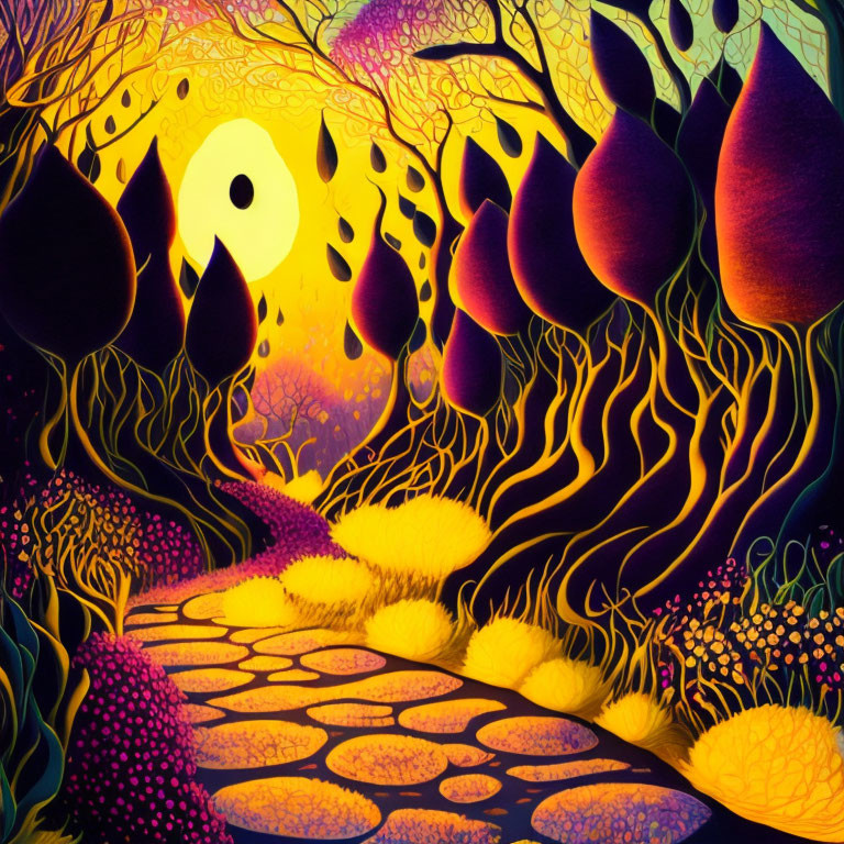 Colorful psychedelic landscape with yin-yang sun, stone path, stylized trees, and rich