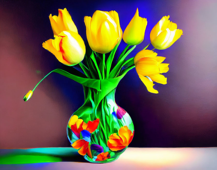 Yellow Tulips Bouquet in Clear Vase on Purple Brown Gradient Background