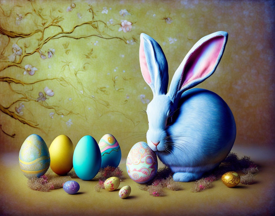 Large Blue Rabbit with Easter Eggs and Whimsical Tree Illustration