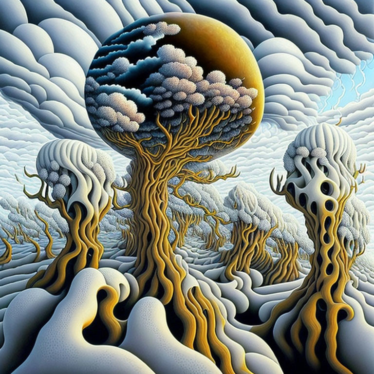 Surreal landscape with tree-like figures, undulating forms, layered clouds, and large moon.