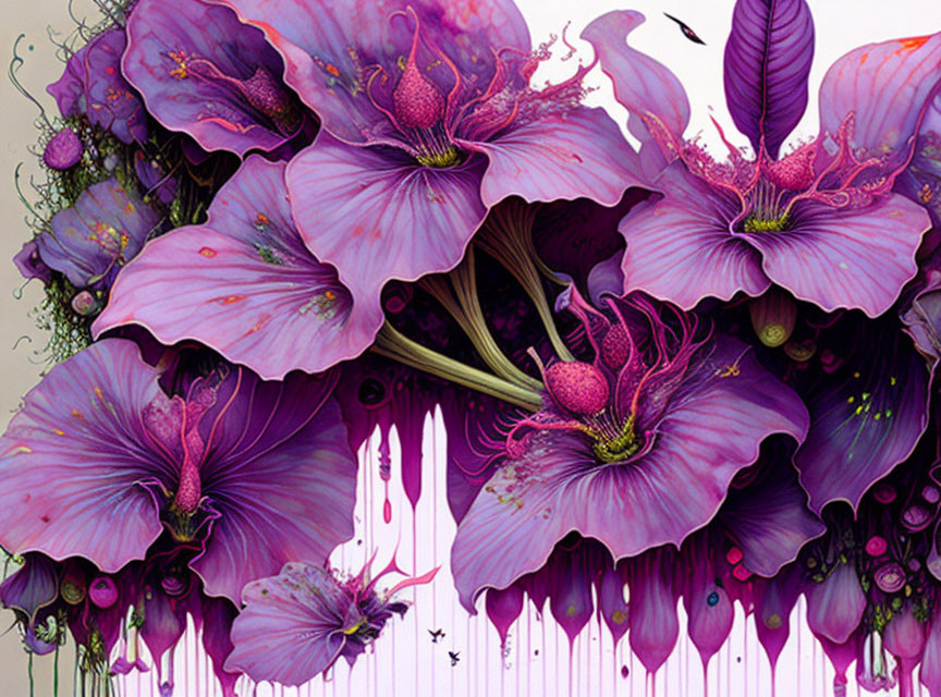 Detailed Purple Flowers with Dripping Paint Effect on Light Background