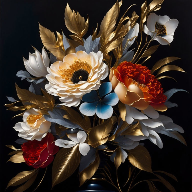 Stylized floral bouquet with gold and blue accents on dark background