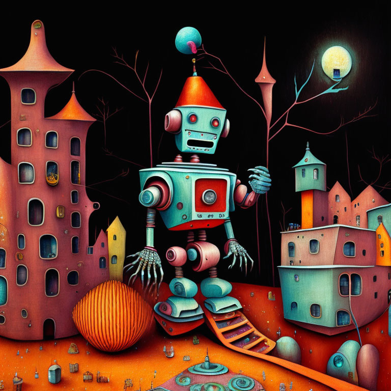 Colorful surreal robot painting with human-like features amidst whimsical buildings at night.