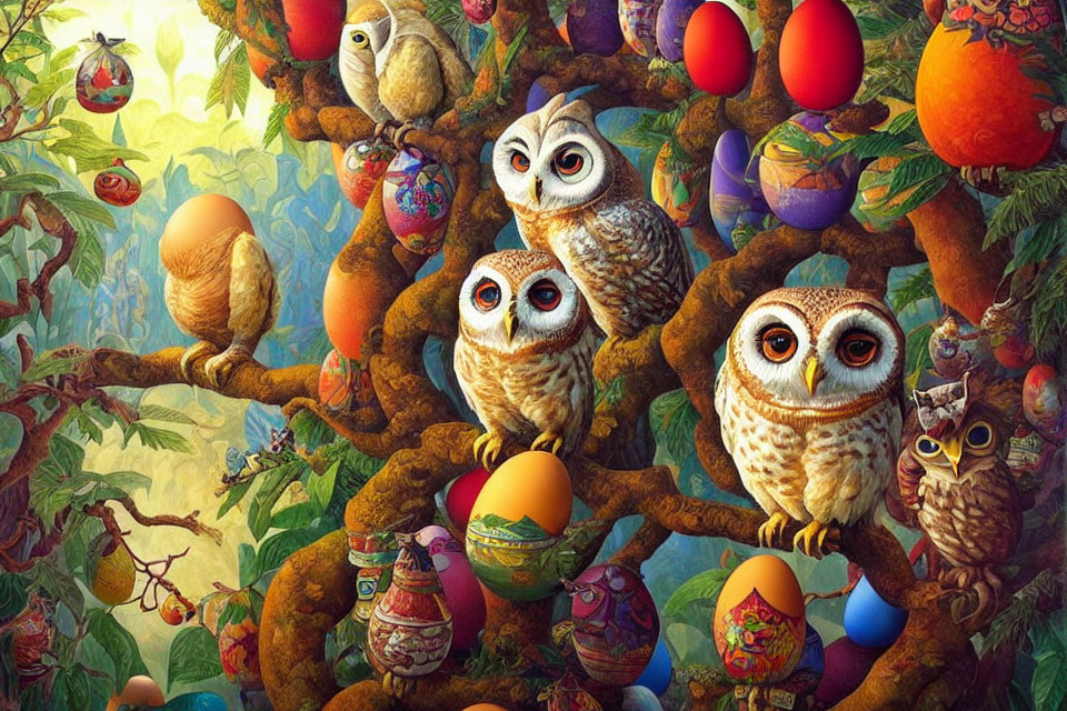 Vibrant owl-themed Easter illustration with painted eggs on branches